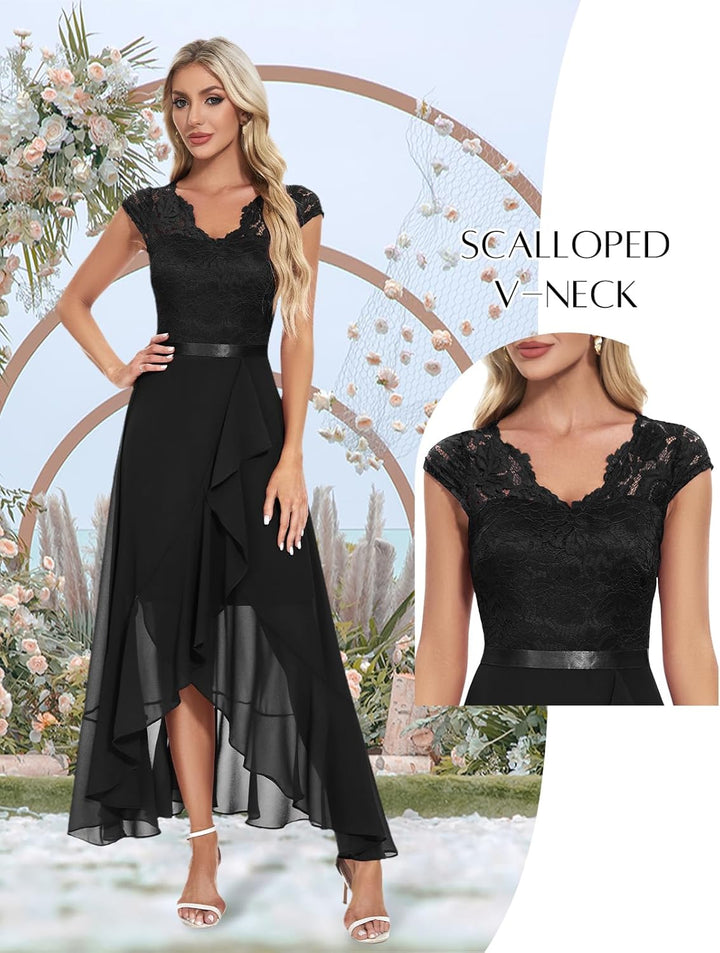 Bbonlinedress Abendkleider elegant für Hochzeit Spitzenkleid Chiffon Hi-Lo Kleid Brautjunferkleid Pa