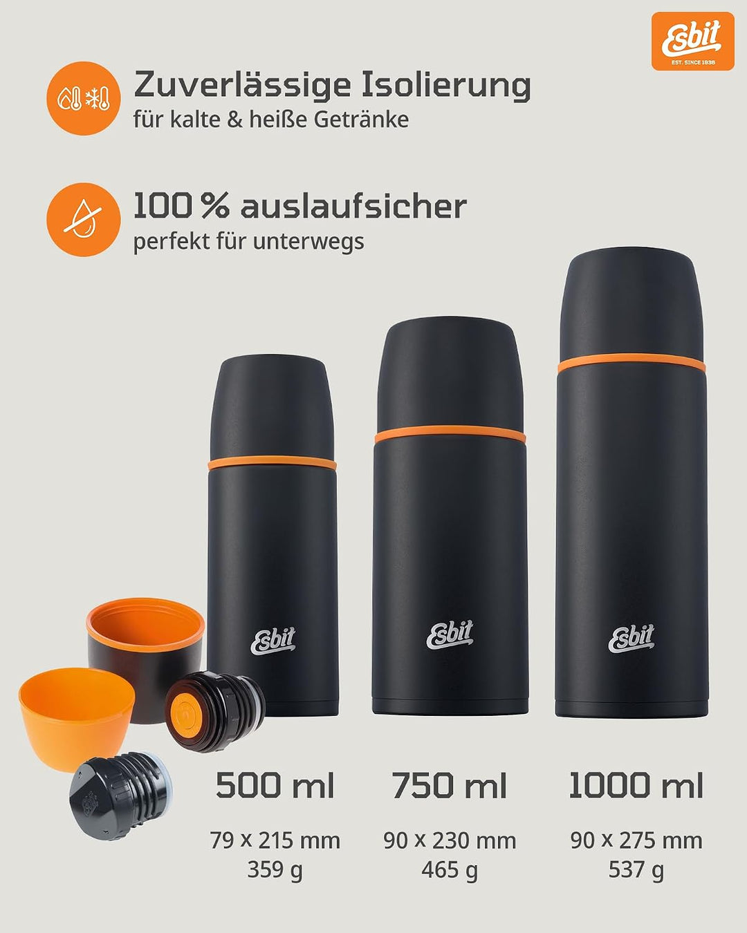Esbit Classic Isolierflasche 500ml - Thermoskanne für warm &amp; kalt - Thermosflasche mit 2 Bechern - T
