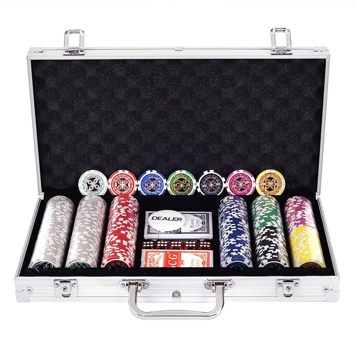 GOPLUS Pockerkoffer Pockerset 300 Chips Pockerchips Pocker Set mit Würfel Pokerkarten (Silber), Silb