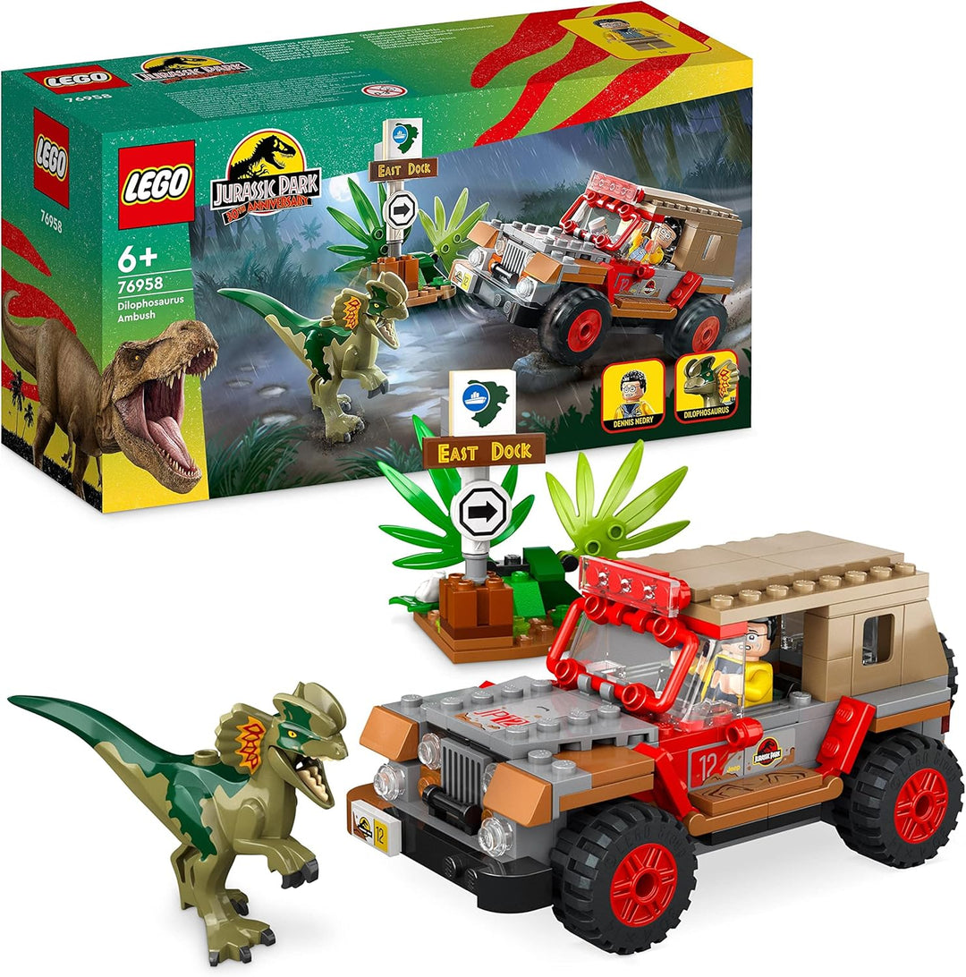 LEGO 76958 Jurassic Park Hinterhalt des Dilophosaurus, Dinosaurier Spielzeug Set mit Figur und Jeep