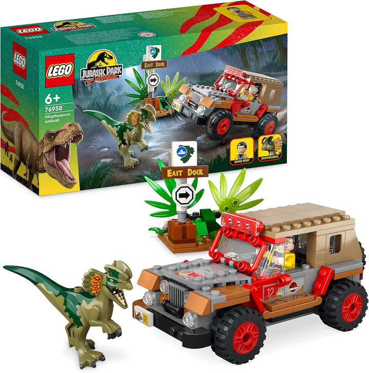 LEGO 76958 Jurassic Park Hinterhalt des Dilophosaurus, Dinosaurier Spielzeug Set mit Figur und Jeep