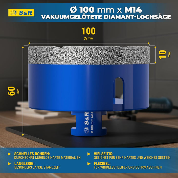 S&R Professional Diamant Fliesenbohrer 100 mm, Lochsäge für Fliesen M14 Gewinde, Diamant Bohrer Flie