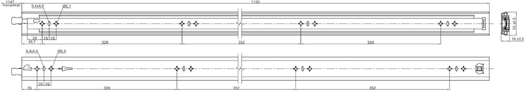 1 Paar SOTECH Schwerlastauszüge KV2-100-H53-L1150-LC 1150 mm mit Lock-in/out Einrastfunktion mit bla