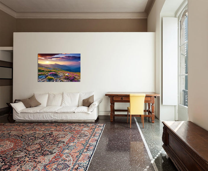 Paul Sinus Art 120x80cm - WANDBILD Berge Alpenrosen Berge Himmel Sommer - Leinwandbild auf Keilrahme