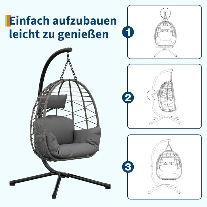 Hängesessel mit Gestell Outdoor bis 150 kg belastbar, Rattan Hängesessel mit Metallgestell, ideal al