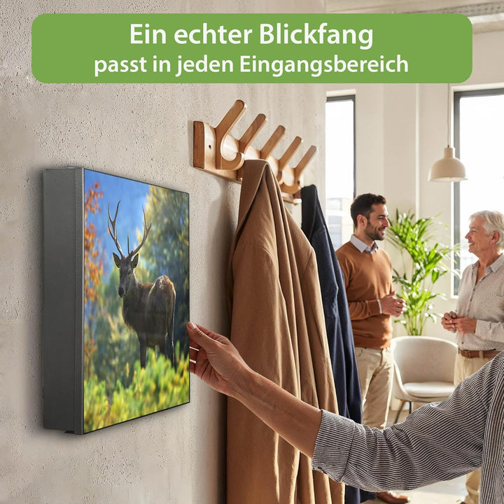 banjado® Grosser Schlüsselkasten Glas/Schlüsselbox 30cm x 30cm mit 50 Haken - Motiv Hirsch/Schlüssel