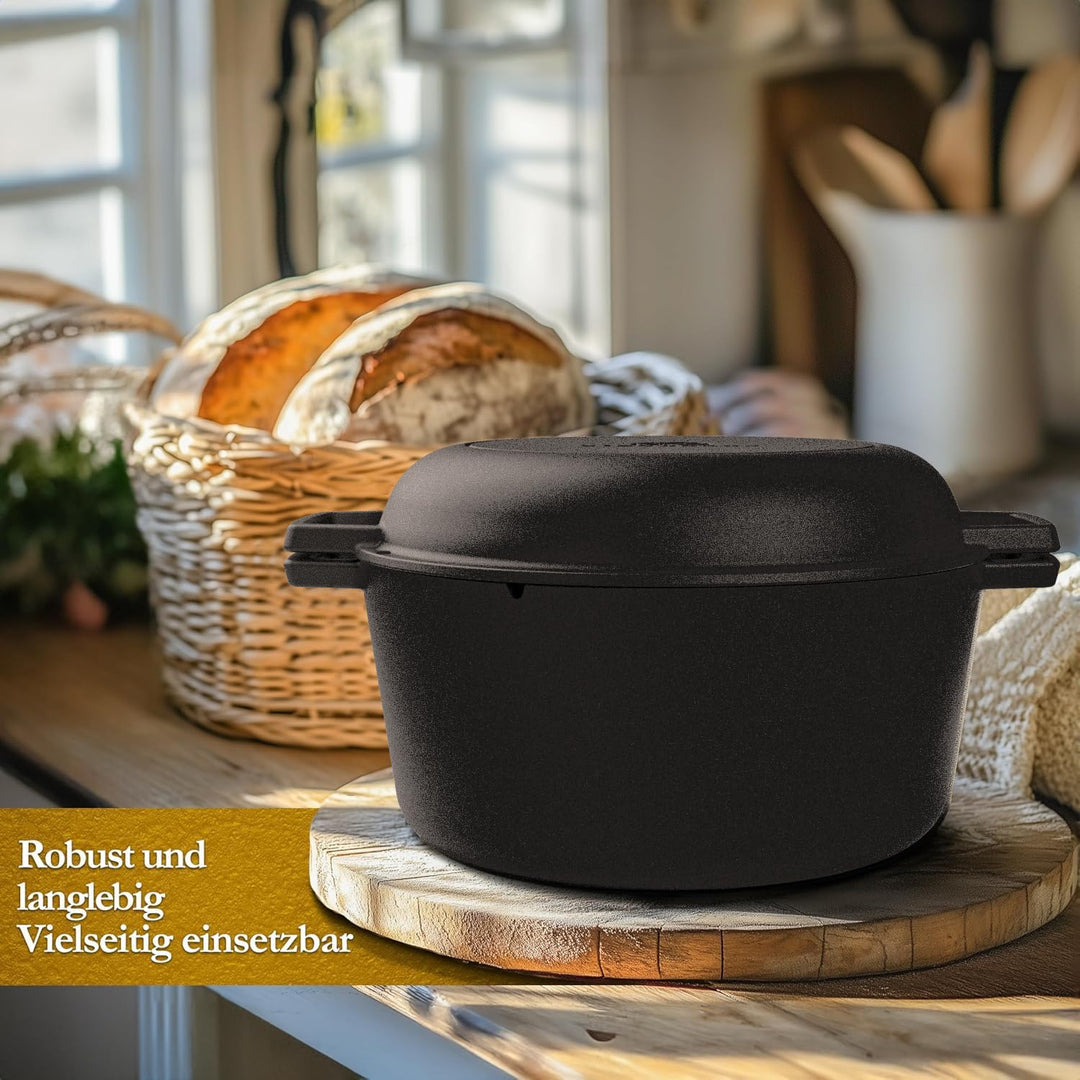 2in1 Gusseisen Brotbackform mit Gärkörbchen–Eingebrannter Gusseisen Topf Brot Backen 4,8L & Grillpfa