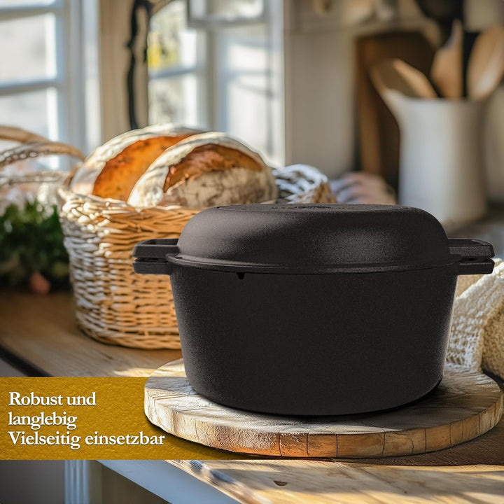 2-in-1 Gusseisen Brotbackform mit Gärkörbchen – eingebrannter Gusseisentopf zum Brotbacken 4,8 L & G