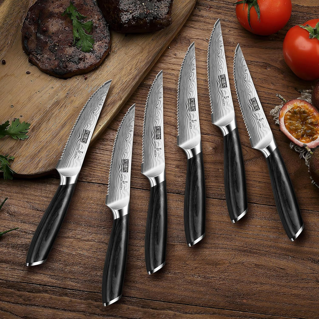 HOSHANHO 6-Teilig Steakmesser-Set, 11,5 cm Steakmesser Set mit Japanischer Wellenschliffklinge, Ultr
