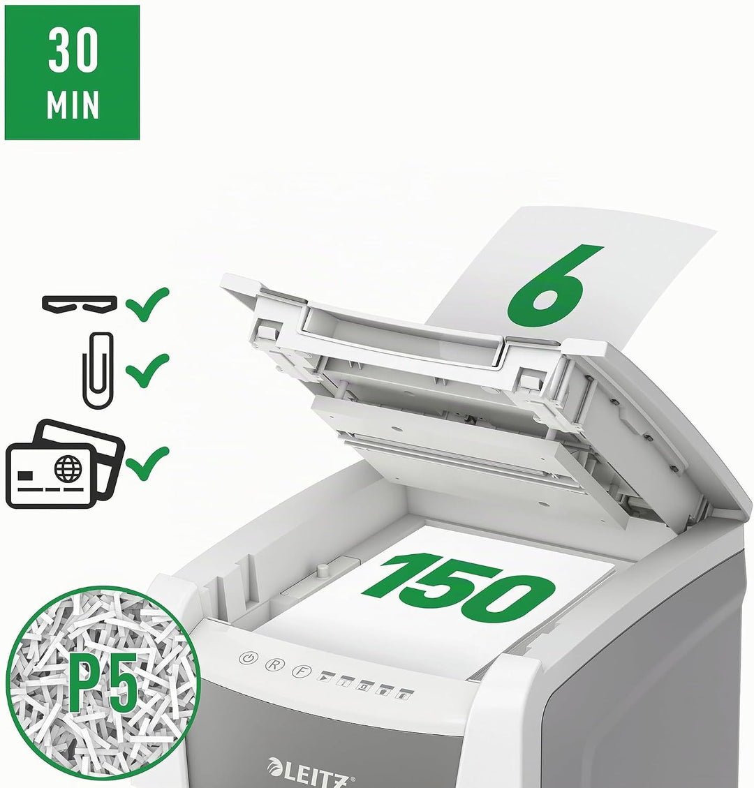 Leitz IQ Autofeed Office Mikroschnitt Aktenvernichter P5, 150 Blatt, 44l-Abfallbehälter, Weiss, 8014