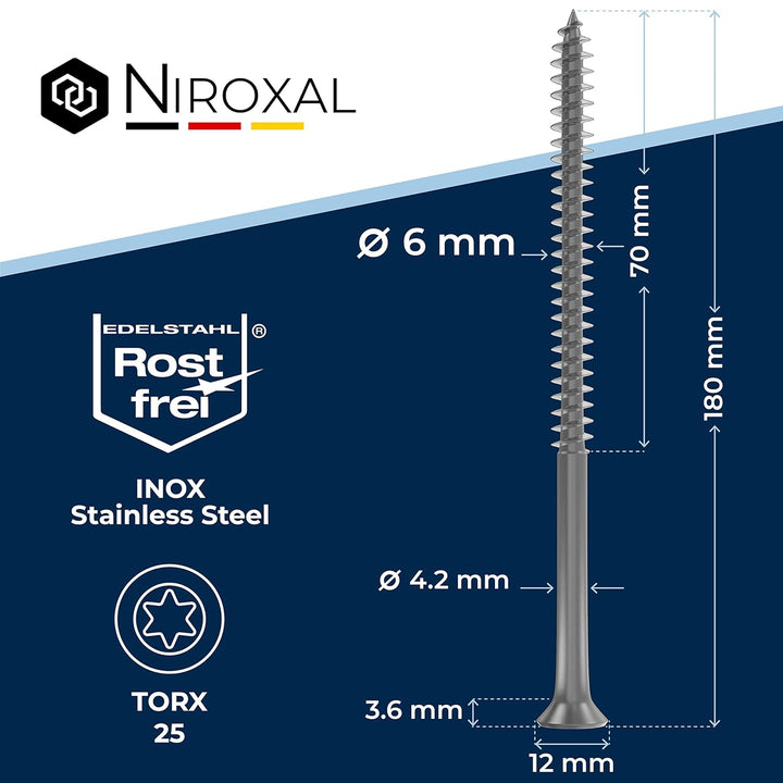 Holzschrauben Torx Schrauben 6x180 Edelstahl V2A rostfrei Spanplattenschrauben für Holz Teilgewinde