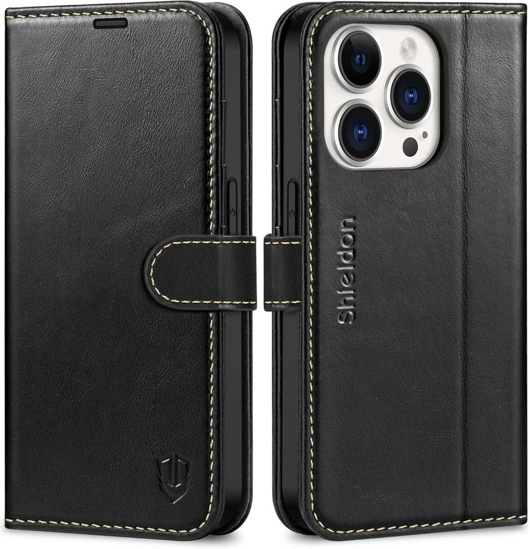 SHIELDON Hülle für iPhone 14 Pro 5G Handyhülle [Echtleder] [Kartenfach] [Standfunktion] [Verdicht TP