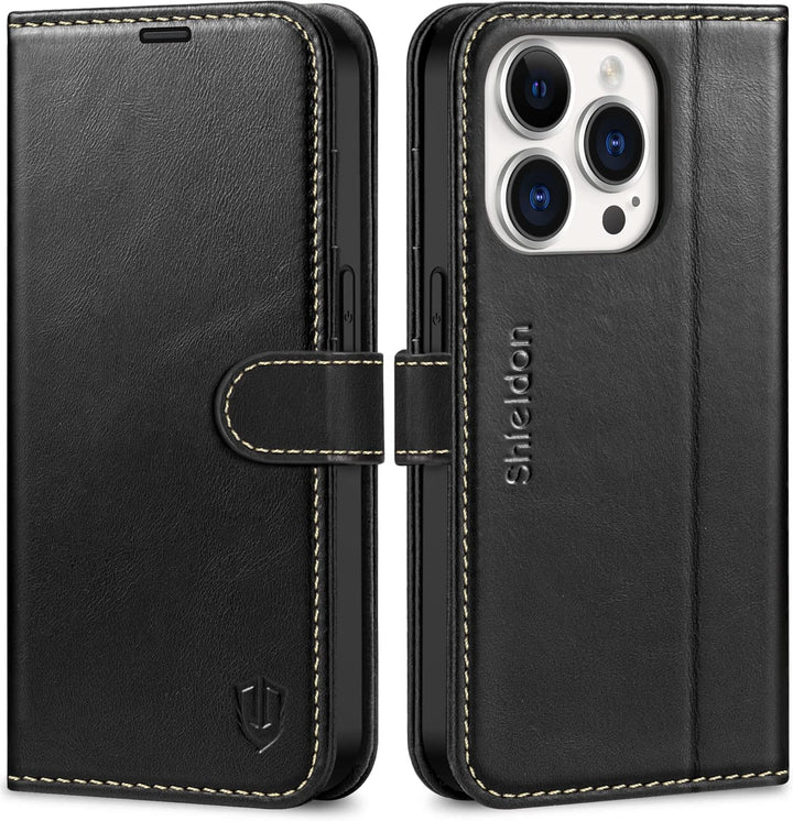 SHIELDON Hülle für iPhone 14 Pro 5G Handyhülle [Echtleder] [Kartenfach] [Standfunktion] [Verdicht TP