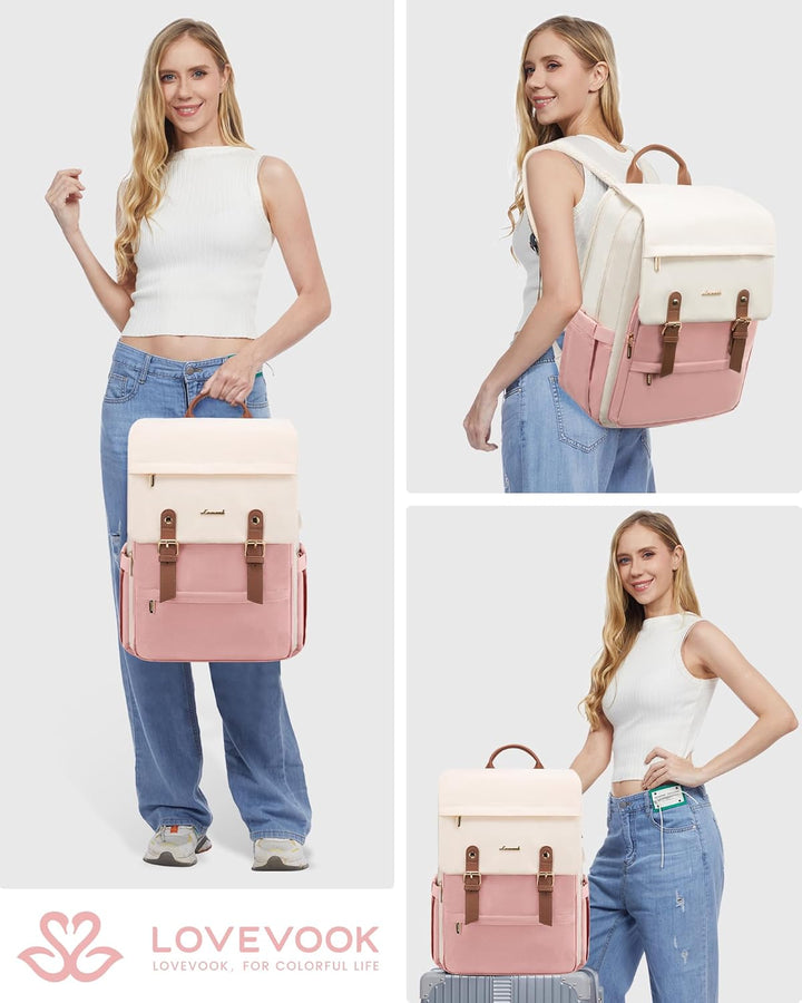 LOVEVOOK Rucksack Damen Rosa, Laptop Schulrucksack 15,6 Zoll, Wasserdichter Tagesrucksack, Schultasc