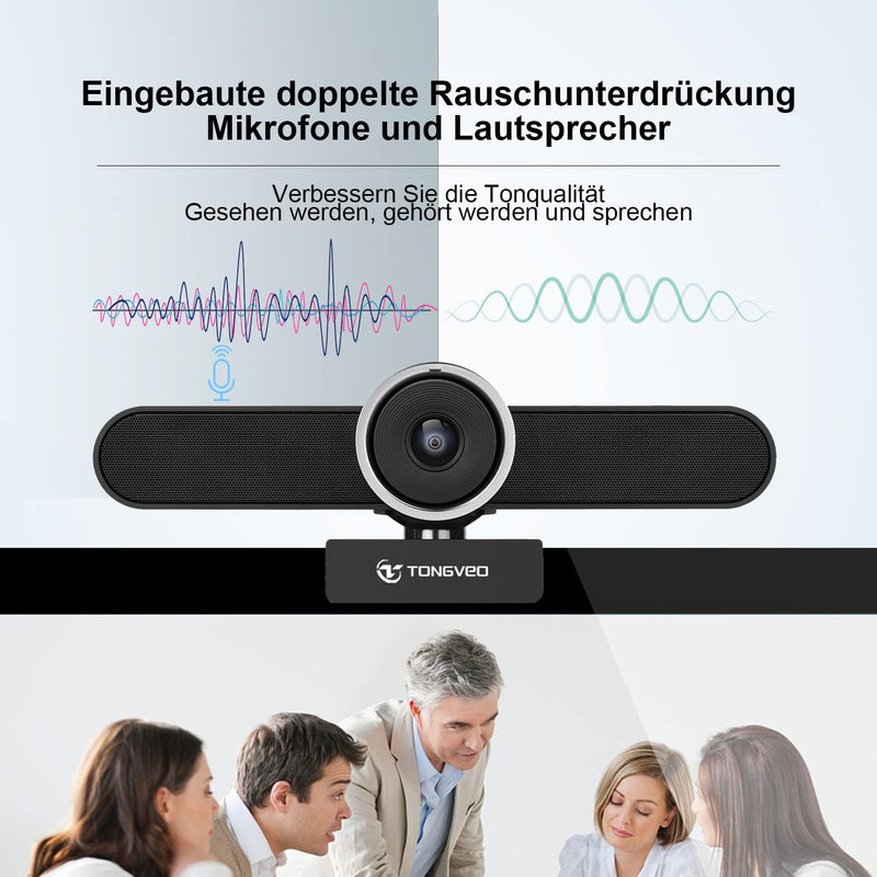 TONGVEO 4K Webcam Konferenzraum- Webkamera mit Mikrofon und Lautsprecher, Computer Videokamera Weitw