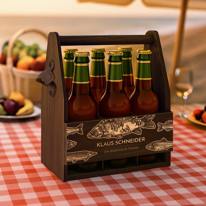 Murrano Bierträger für 6 Flaschen 0,5L mit Gravur - Männerhandtasche mit Flaschenöffner - Grösse: 25