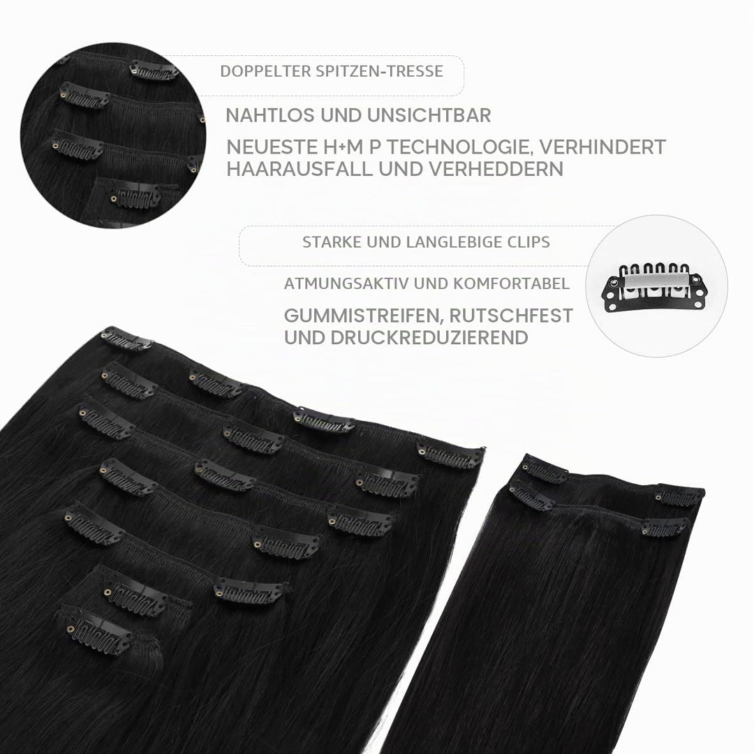 WENNALIFE Clip In Extensions Echthaar, 150g 60cm 9pcs Tief Schwarz Clip In Extensions Hair Extension