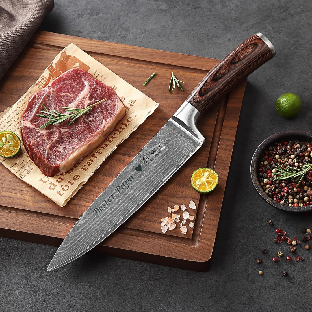 Wakoli EDIB Damast Chefmesser mit Gravur – Personalisiertes Messer, 20cm Klinge aus 67 Lagen Damasts