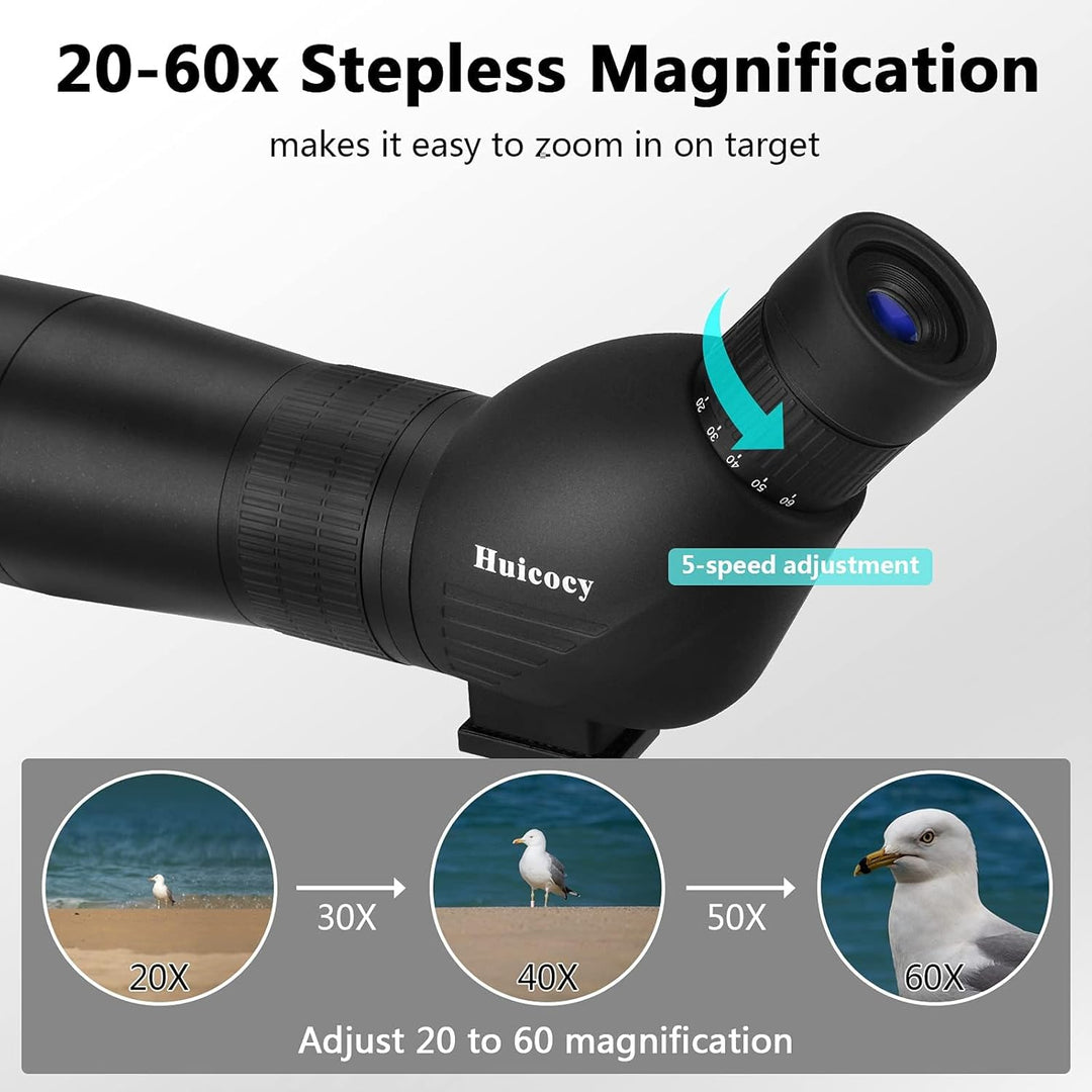 HUICOCY Spektive 20–60 x 60 mm Zoom 39–19 m/1000 m mit FMC-Objektiv, BAK4 45 Grad abgewinkeltes Okul