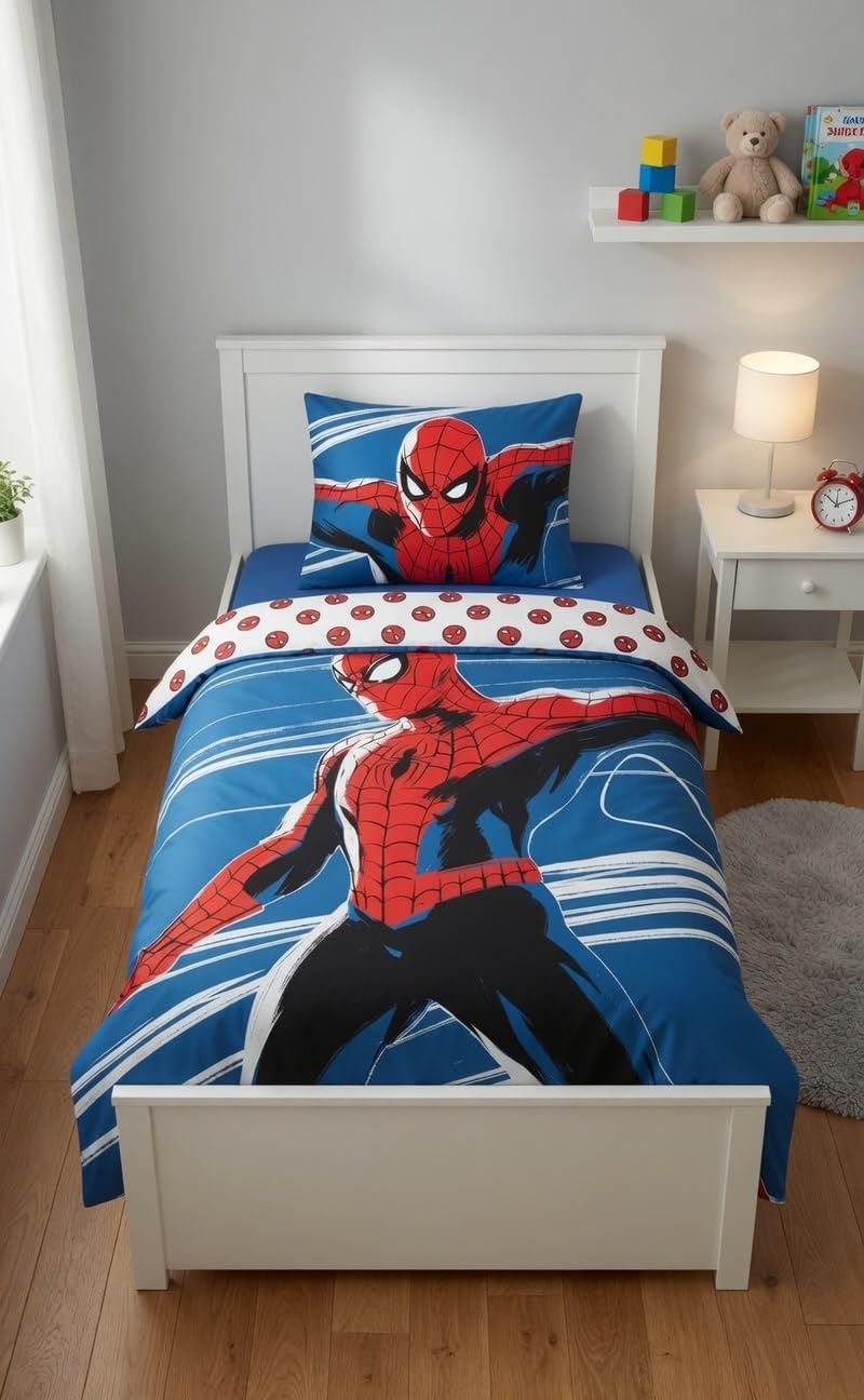 Spiderman-Bettwäsche-Set für Kinderbett 100x135 cm + Kissenbezug 40x60 cm, 100% Baumwolle, nachtleuc