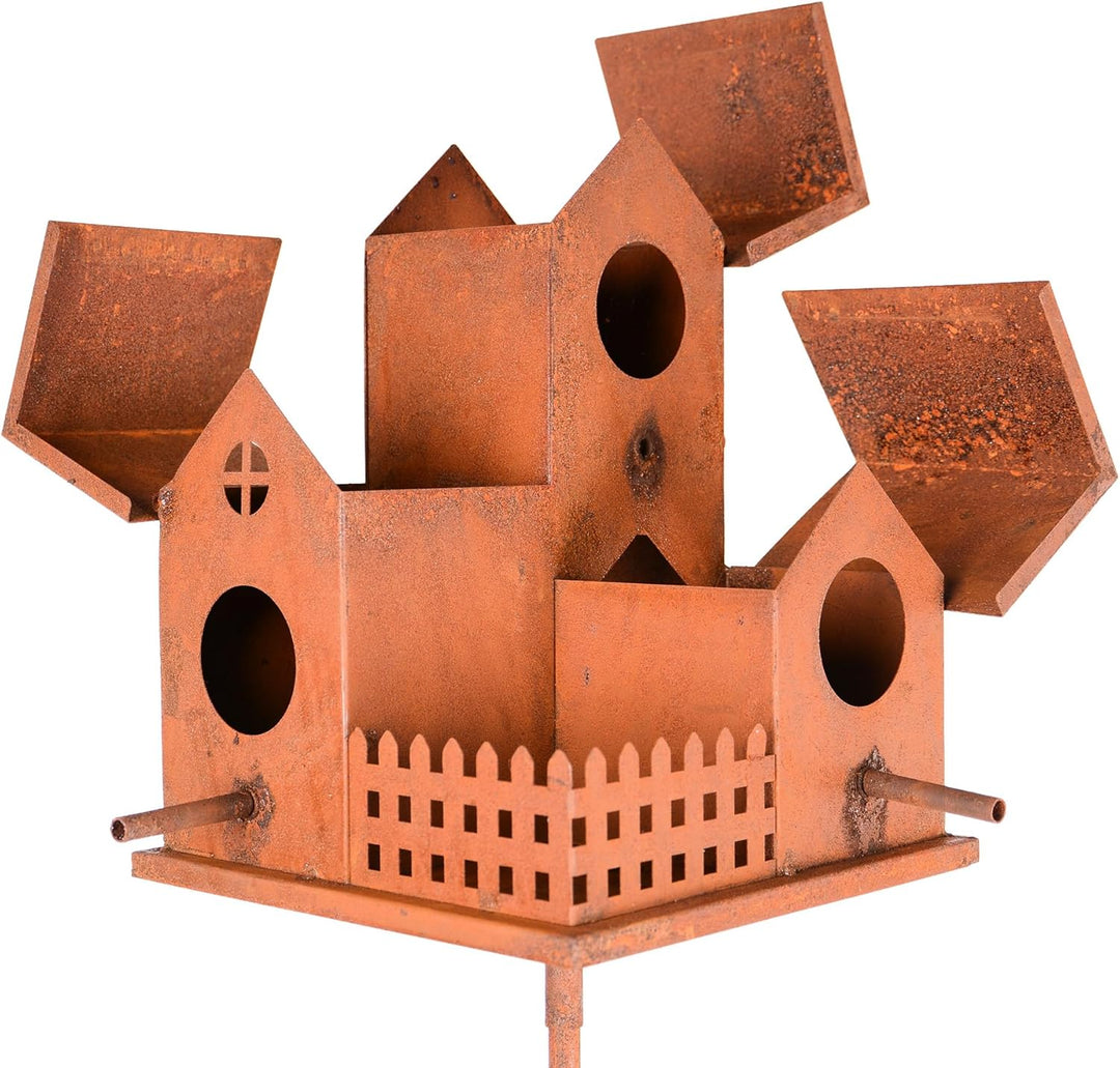 UNUS Vogelhaus aus Metall in Rostoptik mit Stab 132 cm dekoratives Vogelhäuschen für Garten und Terr