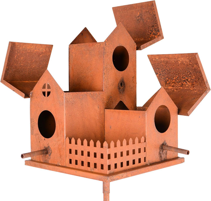 UNUS Vogelhaus aus Metall in Rostoptik mit Stab 132 cm dekoratives Vogelhäuschen für Garten und Terr