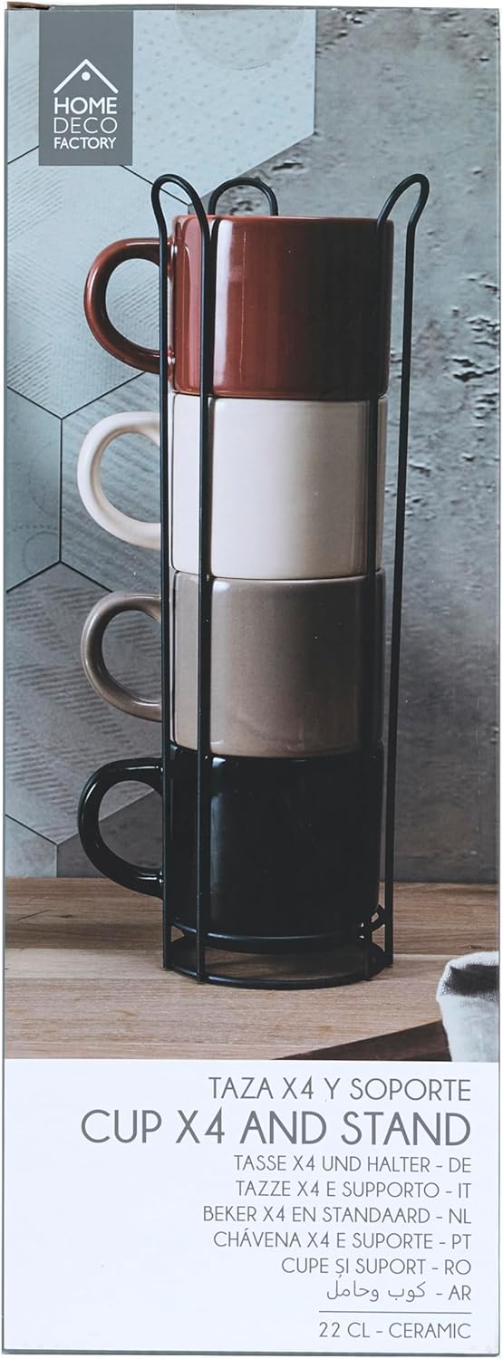 HOME DECO FACTORY, KA0500, Plain Mug Set of 4 with Holder, Durable Ceramic, Elegant and Practical De