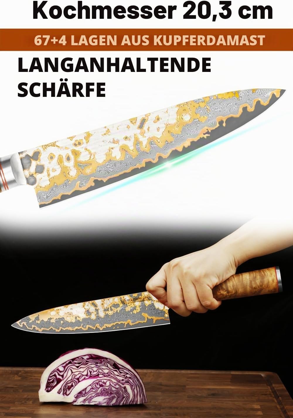 YOUSUNLONG Professionelles Kochmesser - 200mm Klinge Japanischer Handgefertigter Kupfer Damast Stahl
