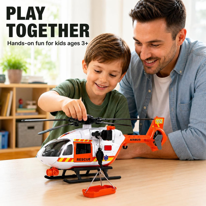 Rescue Helicopter Toy with Lights and Sounds,Emergency Crane Toy with Hanging Tray, Kids Toys for 3