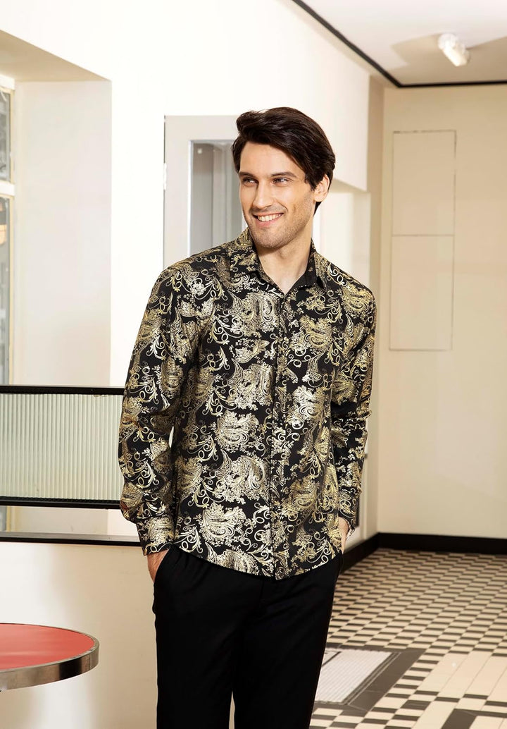 HISDERN Herren Paisley Hemd Langarm Satin Blumen Muster Hemd für Männer Jacquard Stickerei Freizeith
