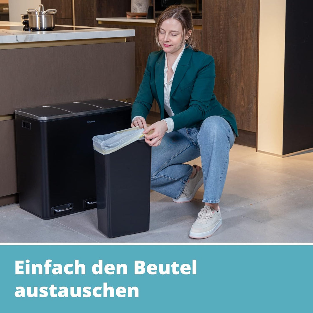 Homra Mülleimer Küche 3 Fächer Sparq 54l | Mülltrennsystem 3Fach | Edelstahl Treteimer 3x18 Liter |