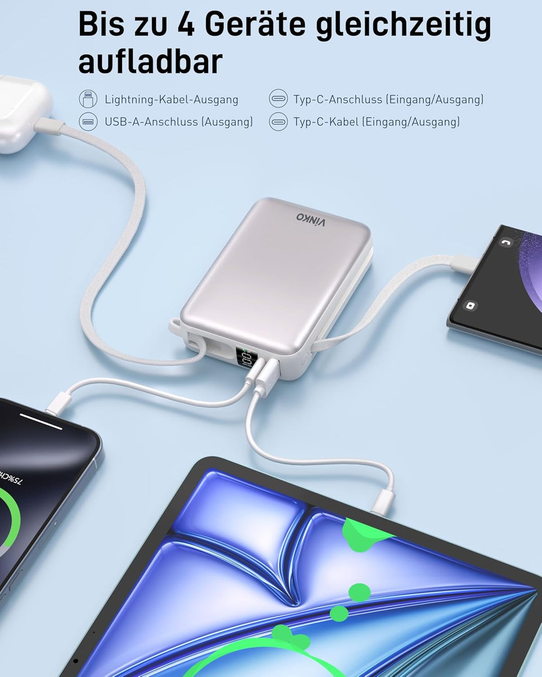 VINKO Powerbank 20.000mAh 22.5W mit integriertem 2 Kabel, High-Speed portables Ladegerät, Klein Powe