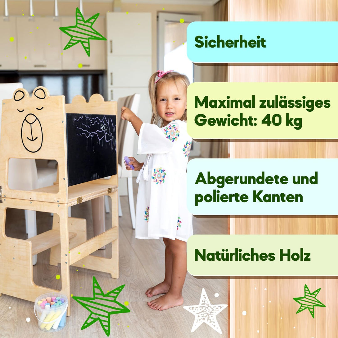 KAUZA Lernturm für Kinder ab 1 Jahr Klappbar, 3 in 1 Montessori Learning Tower, Kippschutz Kinderhoc