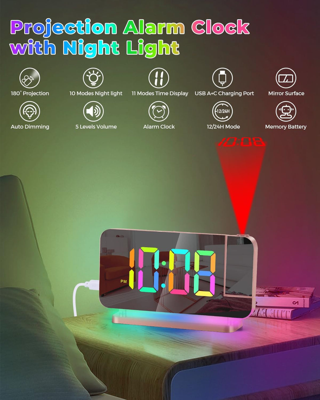 SZELAM Projektionswecker - 7.4" LED Spiegel Digitaluhren Projektion an Deckenwand mit RGB Nachtlicht