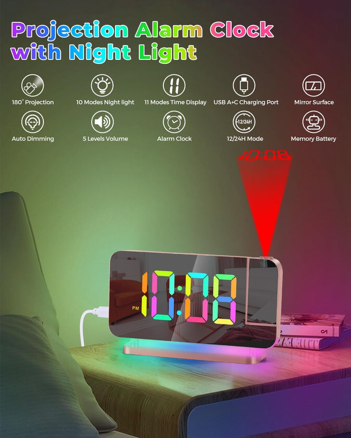 SZELAM Projektionswecker - 7.4" LED Spiegel Digitaluhren Projektion an Deckenwand mit RGB Nachtlicht