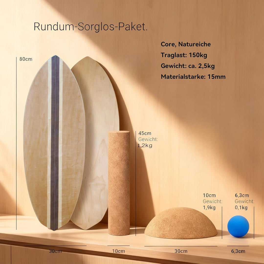 Holz Balance Board mit Rolle & Halbkugel -Gleichgewichtstraining für Erwachsene - Inkl. Trainingsbal