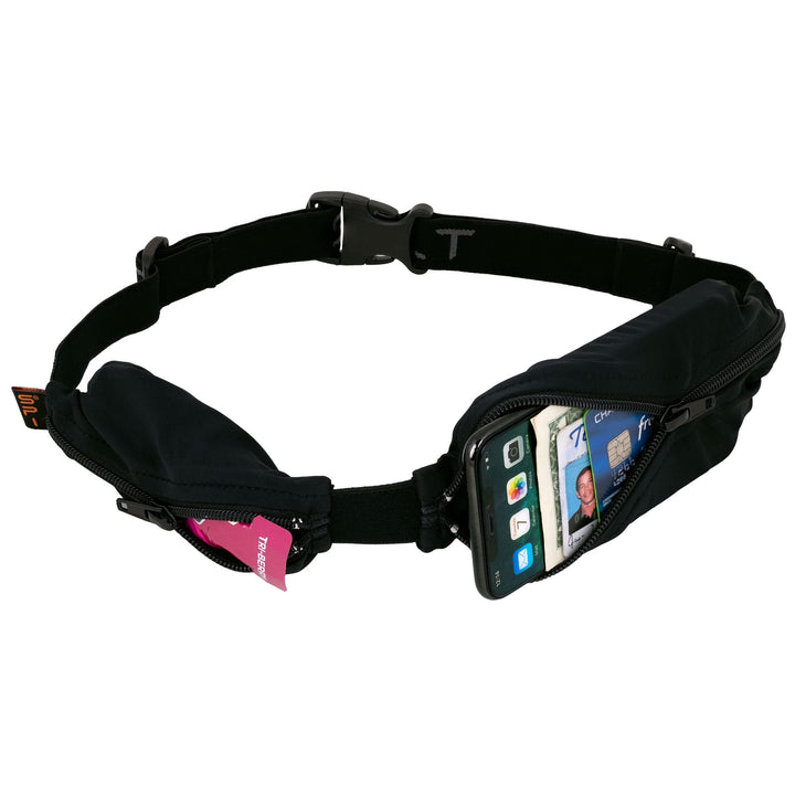 SPIbelt Sportgürtel mit Zwei Taschen, schwarzer Stoff/schwarzer Reissverschluss/Logo-Band, Schwarz m