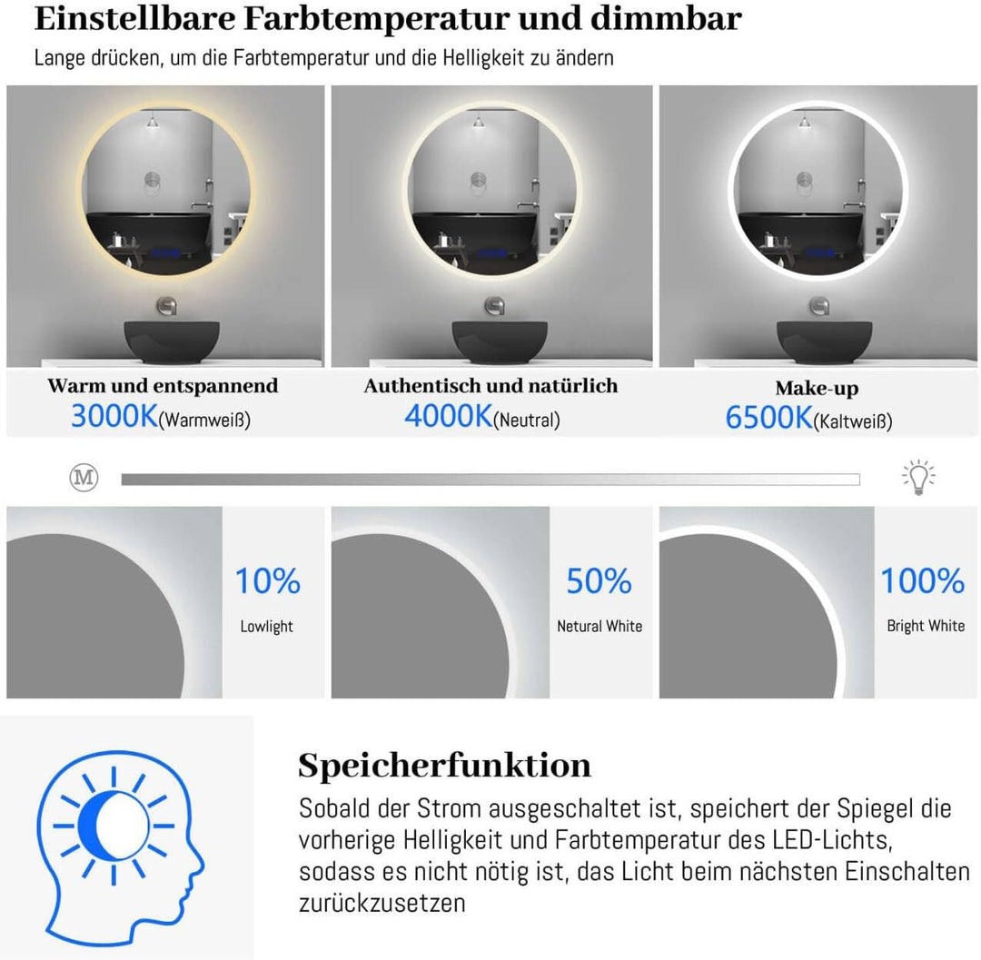 Finmrys Badspiegel mit Beleuchtung Rund 60 cm mit Bluetooth-Lautsprecher und Touch-Schalter Beschlag