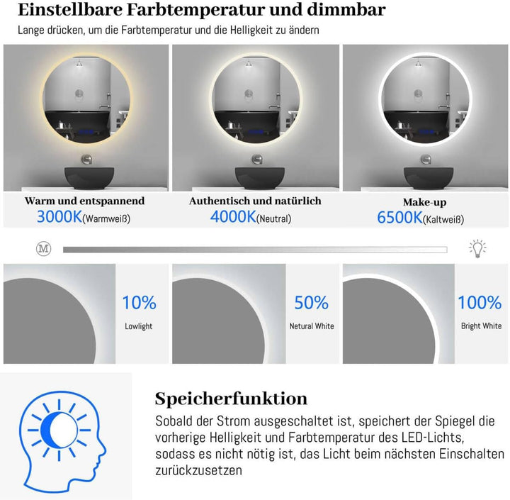 Finmrys Badspiegel mit Beleuchtung Rund 60 cm mit Bluetooth-Lautsprecher und Touch-Schalter Beschlag