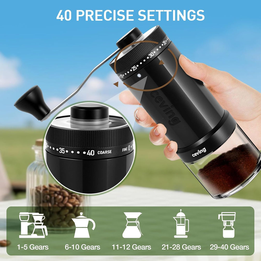 Manuelle Mini-Kaffeemühle mit 40 einstellbaren Einstellungen, tragbare Hand-Kaffeebohnenmühle mit 30