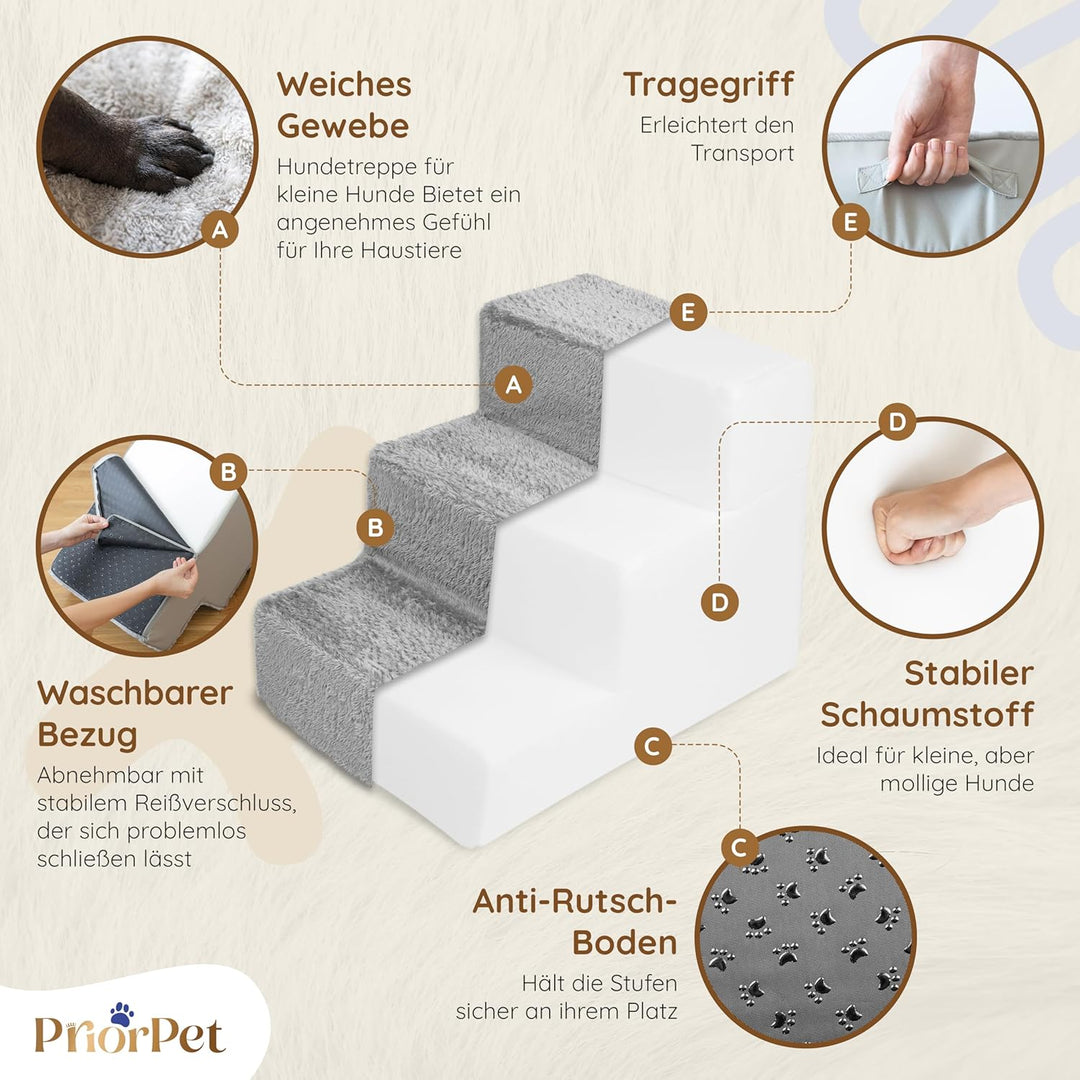 Hundetreppe für kleine Hunde - 3 Stufen Hunde Treppe 43cm hoch - Schaumstoff Hundetreppe Sofa - Sich