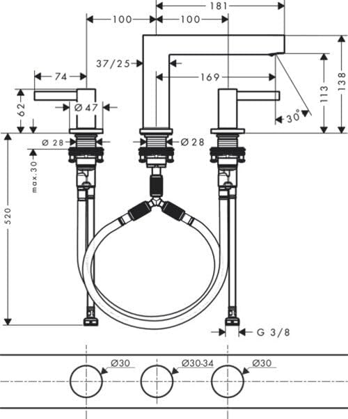 hansgrohe 3-Loch Waschtischarmatur Finoris, Wasserhahn Bad mit Auslauf Höhe 110 mm, mit Push-Open Ab
