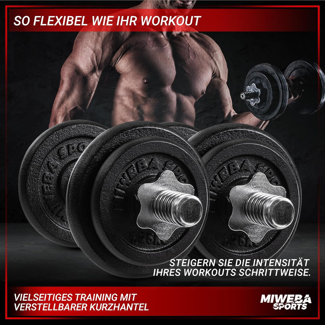 Miweba Sports Hantelset MKH110 | 10 kg | 20kg - 𝐏𝐫𝐨𝐟𝐢 Einzelhantel - Hanteln 2er Set - Stange 30mm -
