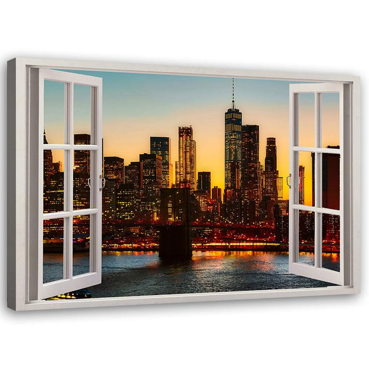 Feeby Wandbild Manhattan Druckbild Leinwandbild Fenster-Illusion Braun 90x60 cm Leinwandbild 90x60 c