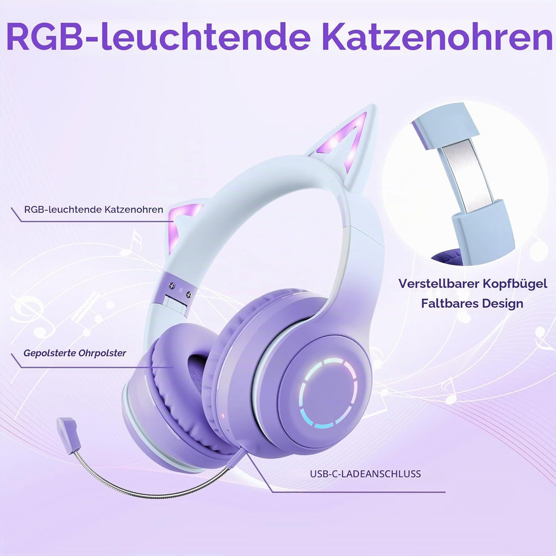 Sendowtek Kinder Kopfhörer, Mädchen Bluetooth Kopfhörer Over Ear Katze Kinderkopfhörer mit Abnehmbar