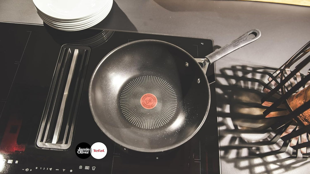 Tefal Jamie Oliver Wok 28 cm Induktion, Wokpfanne Edelstahl gross, Antihaft Beschichtet, Hoher Rand,