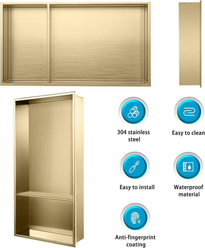 Wandnische Dusche Edelstahl,Wandnische Lagerung mit einem Regal（40/20cm）,Duschnische 30 * 60 * 10CM,