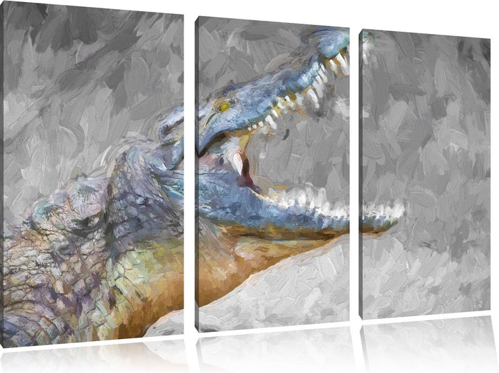 gewaltiges stolzes Krokodil schwarz/weiss Deluxe 3-Teiler Leinwandbild 120x80 Bild auf Leinwand, XXL