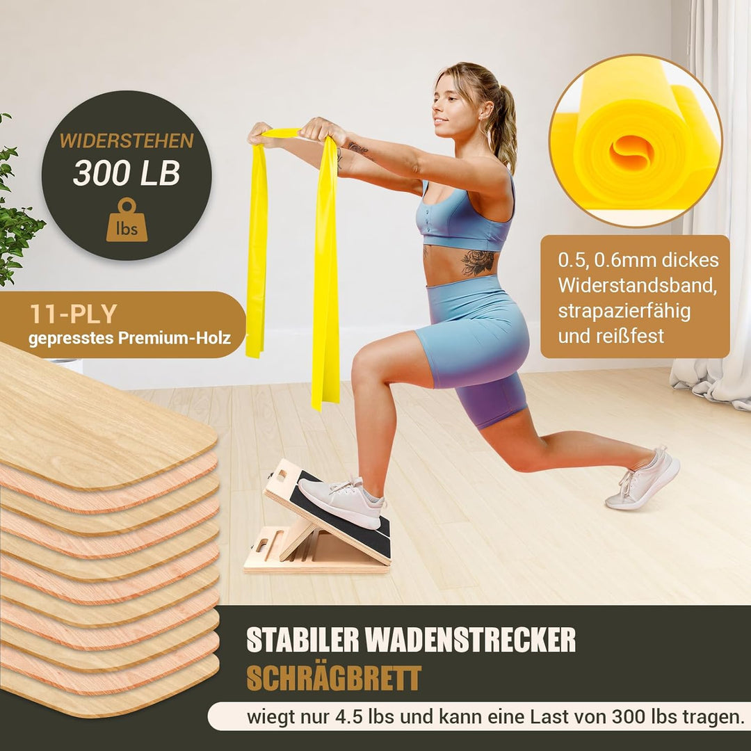 Wadendehner Schrägbrett aus Holz, 5 Winkeln Slant Stretch Board mit Trainingsposter und 2 Widerstand