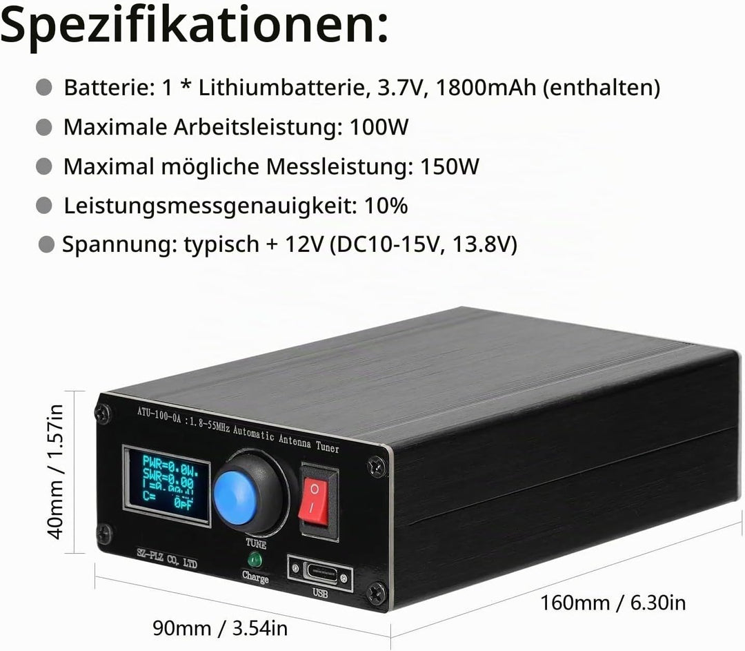 Automatischer ATU-100 Mini Antennentuner 0,96" Display USB Ladefunktion Radiotuner 1,8-55 MHz